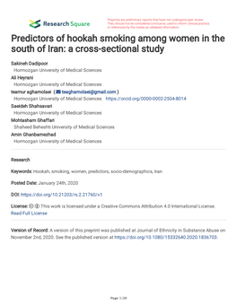 Predictors of Hookah Smoking Among Women in the South of Iran: a Cross-Sectional Study
