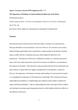 1 Equine Veterinary Journal (1999) Supplement 28 15-19. the Importance of Ethology in Understanding the Behaviour of the Horse