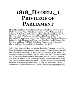 1818 Hatsell 1 Privilege of Parliament