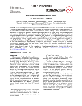 1 Study on the Evolution of Cubic Equation Solving *Dr. Rajeev