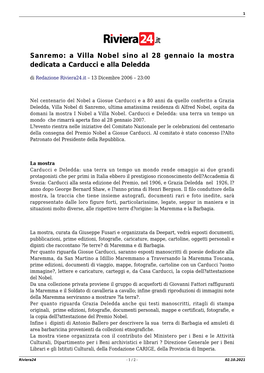 Sanremo: a Villa Nobel Sino Al 28 Gennaio La Mostra Dedicata a Carducci E Alla Deledda