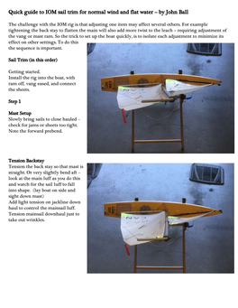 Quick Guide to IOM Sail Trim for Normal Wind and Flat Water – by John Ball