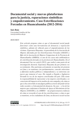 Documental Social Y Nuevas Plataformas Para La Justicia, Reparaciones Simbólicas Y Empoderamiento. Caso Esterilizaciones Forzadas En Huancabamba (2012-2016)