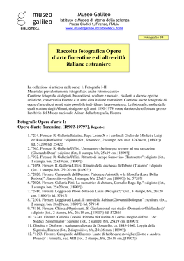 Raccolta Fotografica Opere D'arte Fiorentine E Di Altre Città Italiane E Straniere
