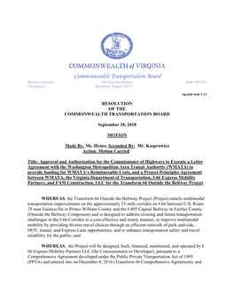 Commonwealth Transportation Board Shannon Valentine 1401 East Broad Street (804) 786-2701 Chairperson Richmond, Virginia 23219