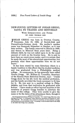 New-Found Letters of Josiah Gregg, Santa Fé Trader and Historian with Intkoduction and Notes by John Thomas Lee