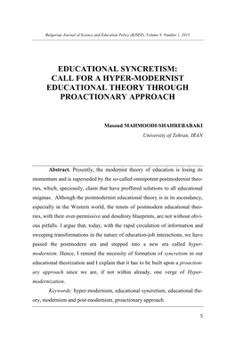 Call for a Hyper-Modernist Educational Theory Through Proactionary Approach