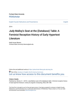 Judy Malloy's Seat at the (Database) Table: a Feminist Reception History of Early Hypertext Literature