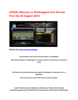 Ravens Vs Washington Live Stream Free on 28 August 2021