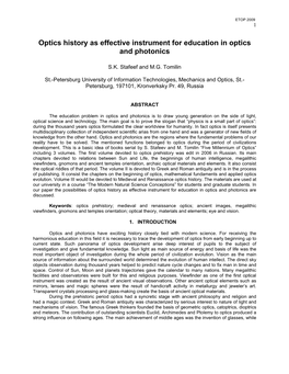 Optics History As Effective Instrument for Education in Optics and Photonics