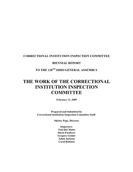 Biennial Report to the 128Th General Assembly: Work of the Correctional Institution Inspection Commi