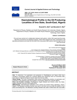 Haematological Profile in the Oil Producing Localities of Imo State, South-East, Nigeria
