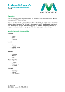 Avatrace Software R5e Mobile Network Operator List Version E