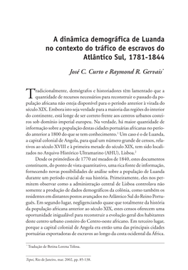 A Dinâmica Demográfica De Luanda No Contexto Do Tráfico De Escravos Do Atlântico Sul, 1781-1844