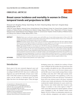 Breast Cancer Incidence and Mortality in Women in China: Temporal Trends and Projections to 2030