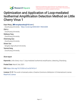 Optimization and Application of Loop-Mediated Isothermal Amplifcation Detection Method on Little Cherry Virus 1