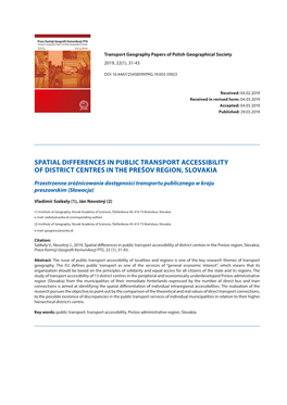 Spatial Differences in Public Transport Accessibility of District Centres in the Prešov Region, Slovakia