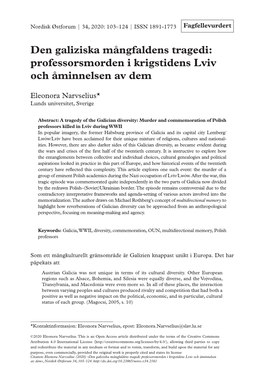 Den Galiziska Mångfaldens Tragedi: Professorsmorden I Krigstidens Lviv Och Åminnelsen Av Dem