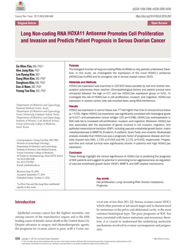 Long Non-Coding RNA HOXA11 Antisense Promotes Cell Proliferation and Invasion and Predicts Patient Prognosis in Serous Ovarian Cancer