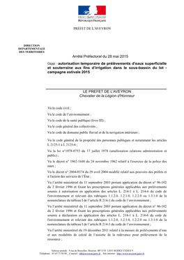 Arrêté Préfectoral Du 28 Mai 2015 Objet : Autorisation Temporaire De