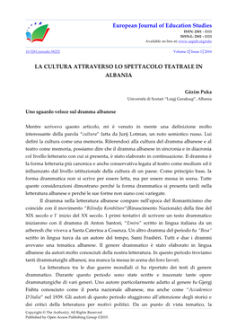 European Journal of Education Studies LA CULTURA ATTRAVERSO LO SPETTACOLO TEATRALE in ALBANIA