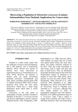 Discovering a Population of Tylototriton Verrucosus (Caudata: Salamandridae) from Thailand: Implications for Conservation