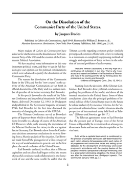 On the Dissolution of the Communist Party of the United States. by Jacques Duclos