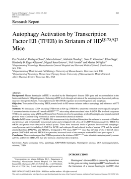 Autophagy Activation by Transcription Factor EB (TFEB) in Striatum of HD Mice