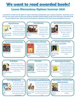 We Want to Read Awarded Books! Lower Elementary Options Summer 2021