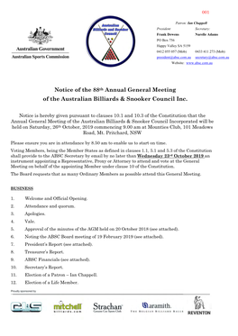 Notice of the 88Th Annual General Meeting of the Australian Billiards & Snooker Council Inc