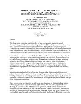 Private Property, Culture, and Ideology: Israel's Supreme Court and the Jurisprudence of Land Expropriation a Dissertation Submi