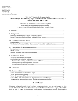 1 “We Don't Want to Be Refugees Again” a Human Rights Watch Briefing Paper for the Fourteenth Ministerial Joint Committee