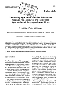 The Mating Flight Times of Native Apis Cerana Japonica Radoszkowski and Introduced Apis Mellifera L in Sympatric Conditions