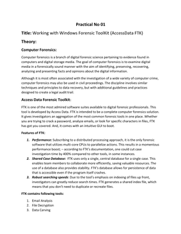 Practical No 01 Title: Working with Windows Forensic Toolkit