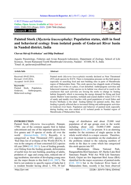 Painted Stork (Mycteria Leucocephala): Population Status, Shift in Food and Behavioral Ecology from Isolated Ponds of Godavari River Basin in Nanded District, India