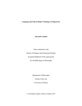 Language and Time in Hegel's Ontology of Subjectivity Alexander Liepins Thesis Submitted to the Faculty of Graduate and Postdo