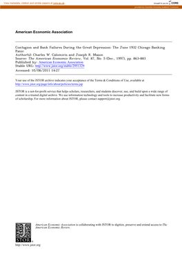 Contagion and Bank Failures During the Great Depression: the June 1932 Chicago Banking Panic Author(S): Charles W