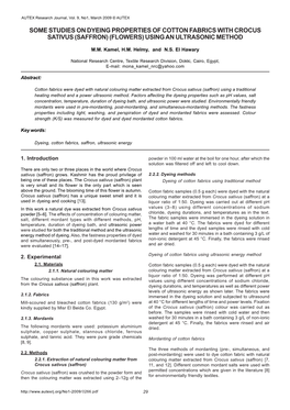 Some Studies on Dyeing Properties of Cotton Fabrics with Crocus Sativus (Saffron) (Flowers) Using an Ultrasonic Method