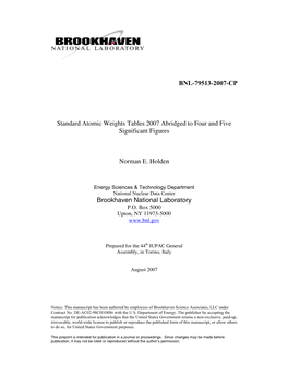 BNL-79513-2007-CP Standard Atomic Weights Tables 2007 Abridged To