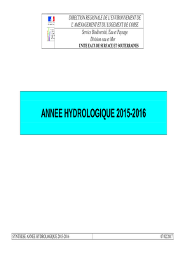 Synthèse Sur L'annee Hydrologique 2015-2016