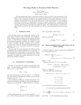 The Ising Model As Fermionic Field Theories