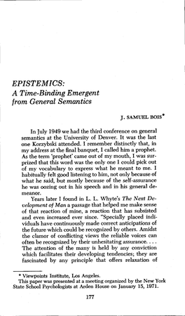 EPISTEMICS: a Time-Binding Emergent from General Semantics