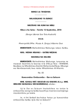 1 BUNGE LA TANZANIA ___MAJADILIANO YA BUNGE ___MKUTANO WA KUMI NA MBILI Kikao Cha Saba – Tarehe 12 Septemba