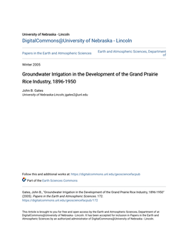 Groundwater Irrigation in the Development of the Grand Prairie Rice Industry, 1896-1950