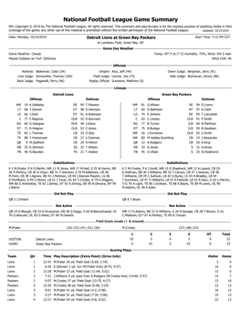 10/14/19 Packers Vs. Lions Gamebook