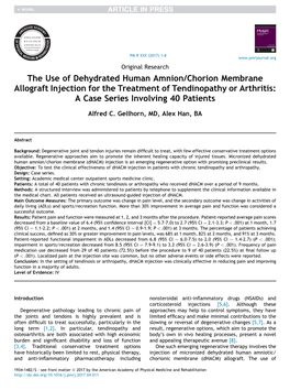 The Use of Dehydrated Human Amnion/Chorion Membrane Allograft Injection for the Treatment of Tendinopathy Or Arthritis: a Case Series Involving 40 Patients