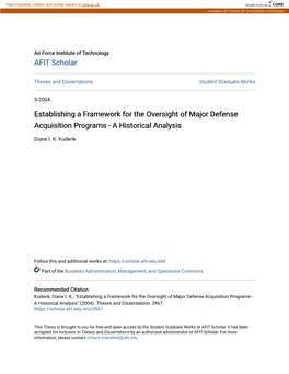 Establishing a Framework for the Oversight of Major Defense Acquisition Programs - a Historical Analysis
