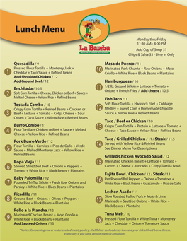 North Ft Lauderdale Lunch Menu