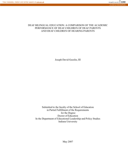 Deaf Bilingual Education: a Comparison of the Academic Performance of Deaf Children of Deaf Parents and Deaf Children of Hearing Parents