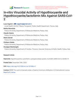 In-Vitro Virucidal Activity of Hypothiocyanite and Hypothiocyanite/Lactoferrin Mix Against SARS-Cov- 2